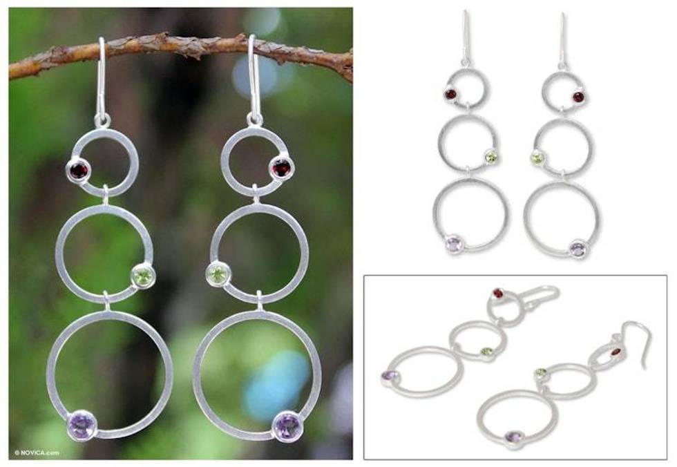 Modern Sterling Silver Multigem Earrings 'Spring Color'