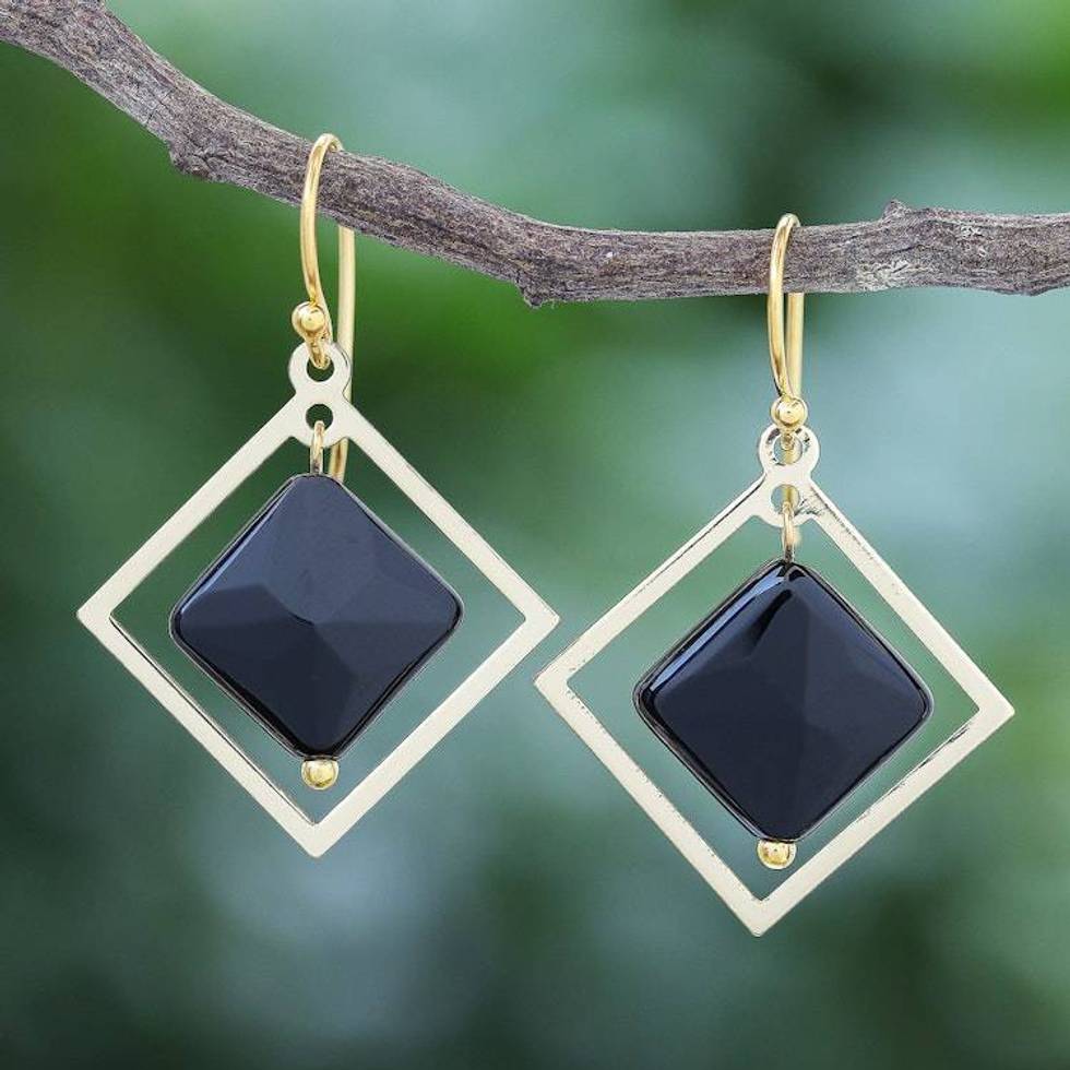 Handmade Gold-Plated Onyx Dangle Earrings 'Dark Forces'