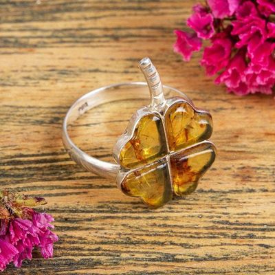 Primary image for Amber Four-Leaf Clover Cocktail Ring from Mexico Ancient Luck