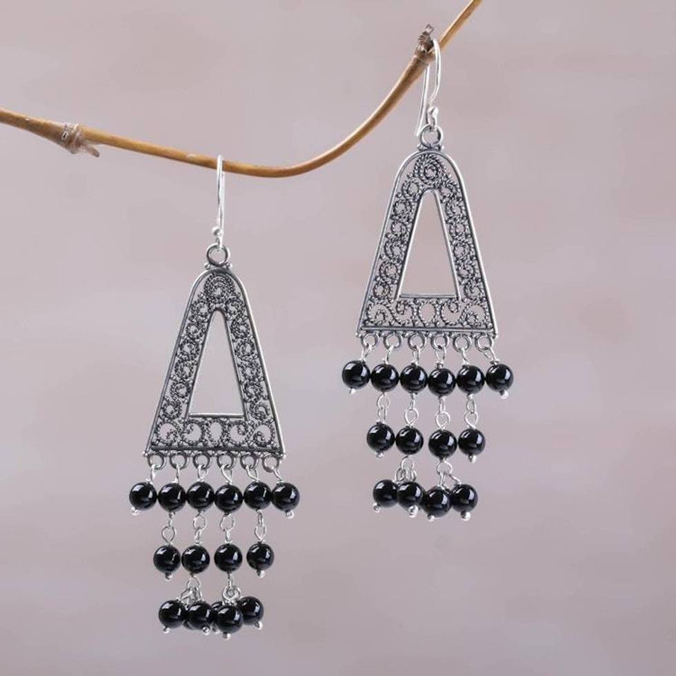 Onyx and Sterling Silver Triangular Earrings from Bali 'Pura Rainfall'