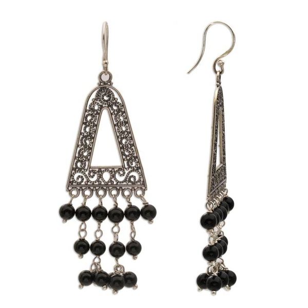 Alternate image for Onyx and Sterling Silver Triangular Earrings from Bali Pura Rainfall