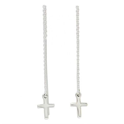 Alternate image for Hand Crafted Sterling Silver Cross Threader Earrings Chain of Purity