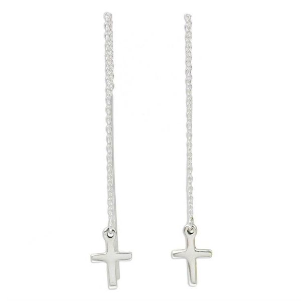 Alternate image for Hand Crafted Sterling Silver Cross Threader Earrings Chain of Purity