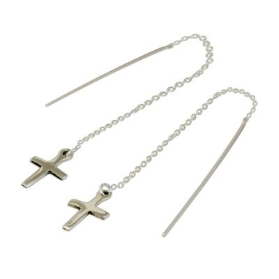 Alternate image for Hand Crafted Sterling Silver Cross Threader Earrings Chain of Purity