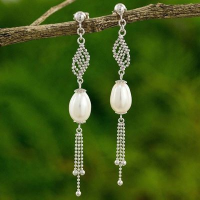 Alternate image for Thai Earrings with Sterling Silver Chain and Pearls Morning Lily