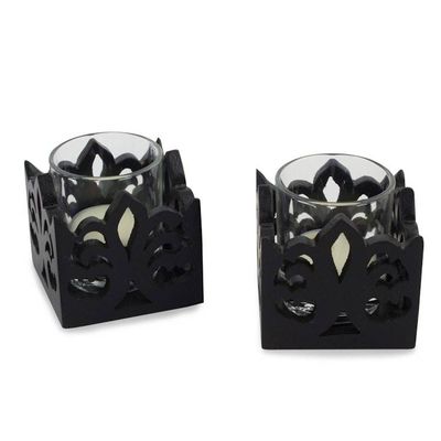 Alternate image for Wood candleholder Pair Thai Fleur-de-Lis