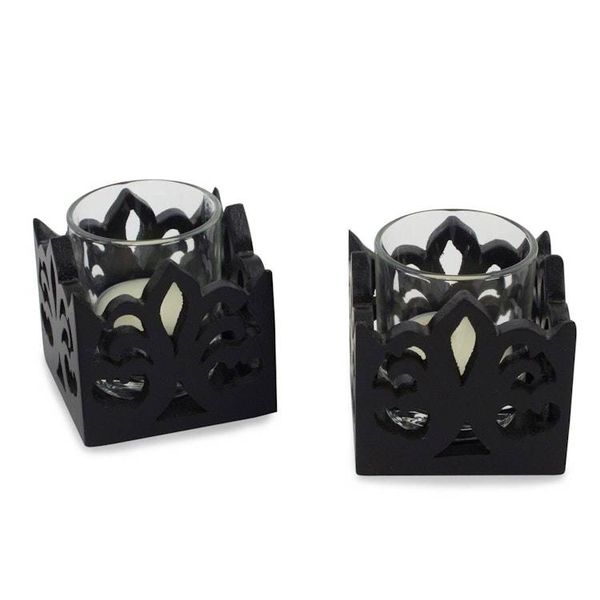 Alternate image for Wood candleholder Pair Thai Fleur-de-Lis