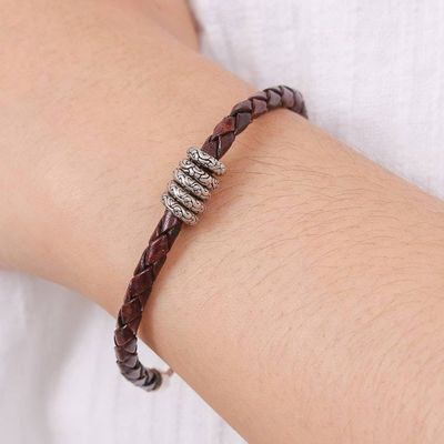 Alternate image for Dark Brown Leather Bracelet with Sterling Silver Pendants Ties of the Nature