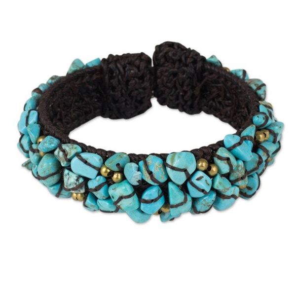 Alternate image for Turquoise Color Bead Bracelet on Brown Crocheted Cords Sky Blue Day