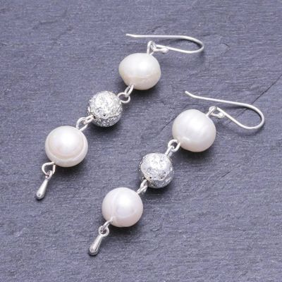 Alternate image for Sterling Silver and Cultured Pearl Dangle Earrings Silver Drizzle