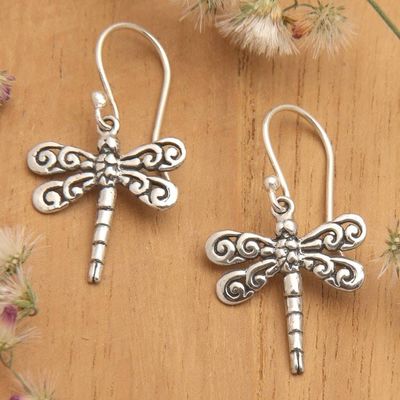 Alternate image for 925 Silver Dragonfly Dangle Earrings with Openwork Accents Dragonfly Garden