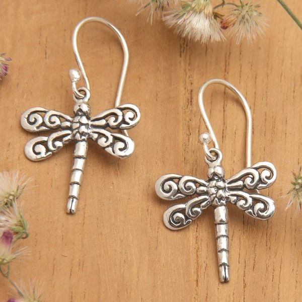 Alternate image for 925 Silver Dragonfly Dangle Earrings with Openwork Accents Dragonfly Garden