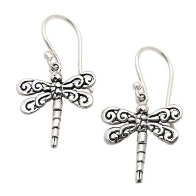 Alternate image for 925 Silver Dragonfly Dangle Earrings with Openwork Accents Dragonfly Garden