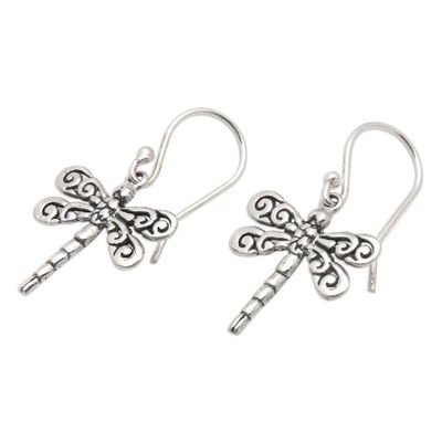 Alternate image for 925 Silver Dragonfly Dangle Earrings with Openwork Accents Dragonfly Garden