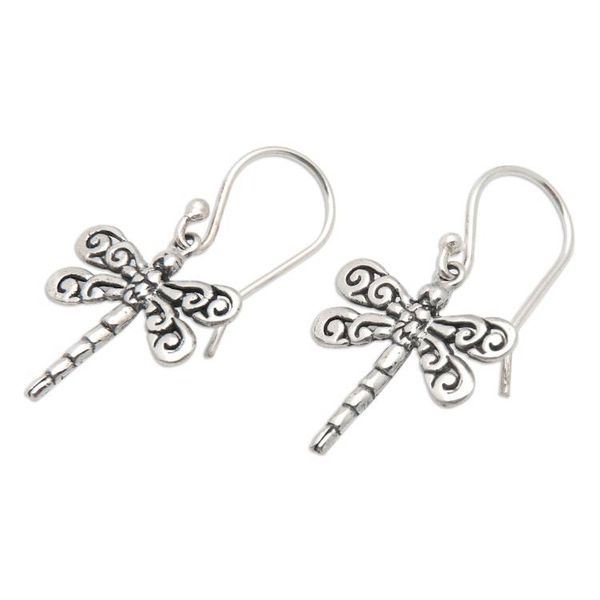 Alternate image for 925 Silver Dragonfly Dangle Earrings with Openwork Accents Dragonfly Garden