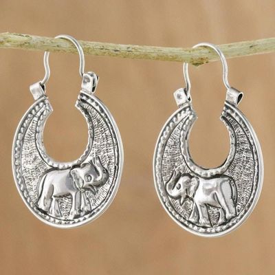 Alternate image for Sterling Silver Elephant Hoop Earrings from Thailand Elephant Magic