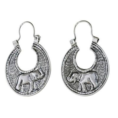 Alternate image for Sterling Silver Elephant Hoop Earrings from Thailand Elephant Magic
