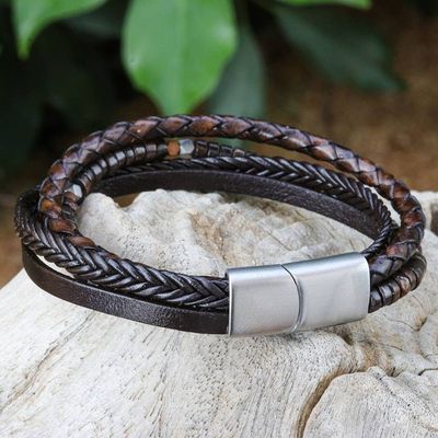 Alternate image for Leather Hematite and Bronzite Cord Bracelet from Thailand Coffee Shop