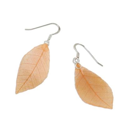Alternate image for Natural Leaf Dangle Earrings in Sunrise from Thailand Stunning Nature in Sunrise