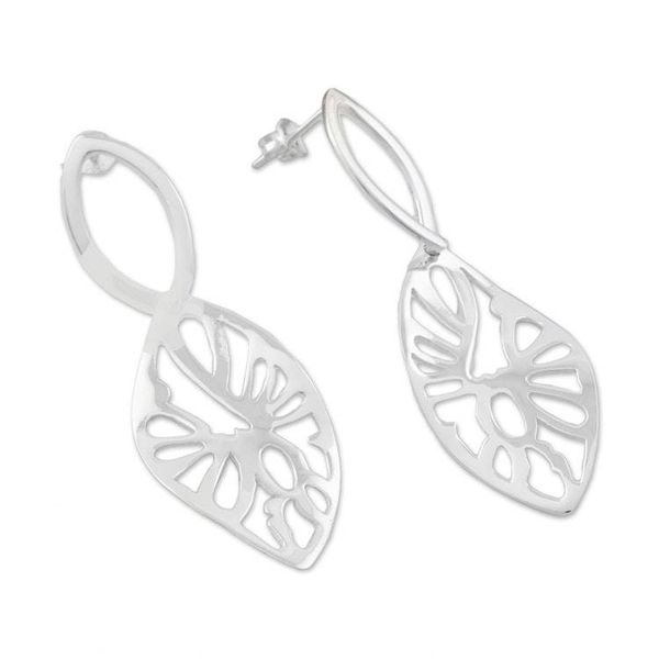 Alternate image for Leaf-Shaped Sterling Silver Dangle Earrings from Thailand Precious Gleam