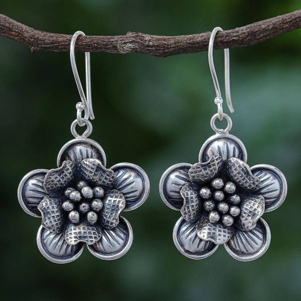 Alternate image for Handmade Sterling Silver Floral Dangle Earrings Tribal Flower
