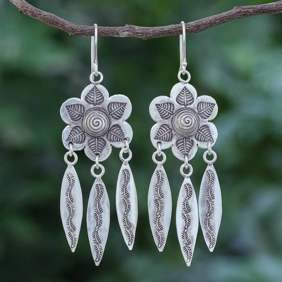 Hand Crafted Sterling Silver Floral Dangle Earrings 'Tribal Forest'