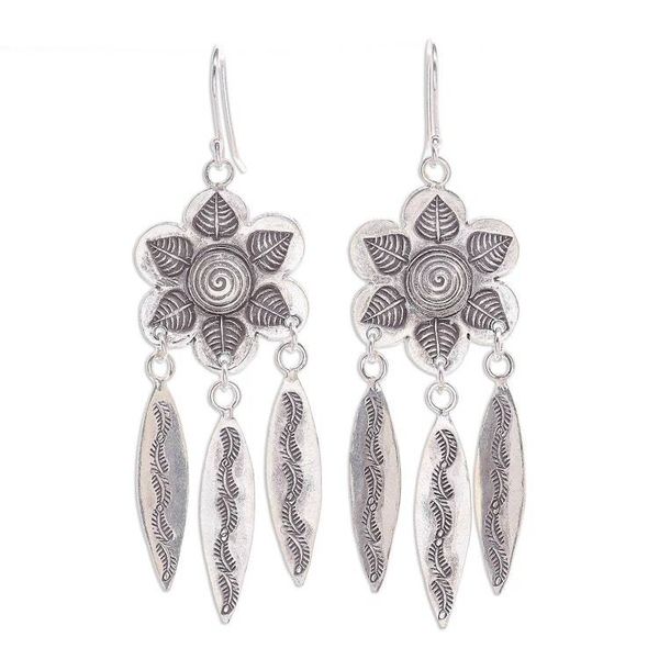 Alternate image for Hand Crafted Sterling Silver Floral Dangle Earrings Tribal Forest