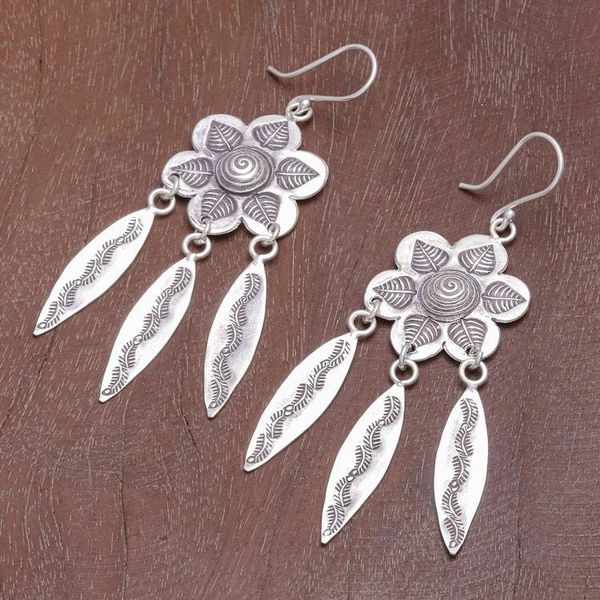 Alternate image for Hand Crafted Sterling Silver Floral Dangle Earrings Tribal Forest