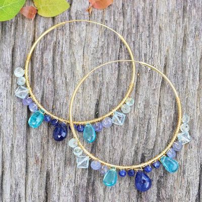 Alternate image for Gold Plated Silver Hoop Earrings with Gemstones Azure Serenade