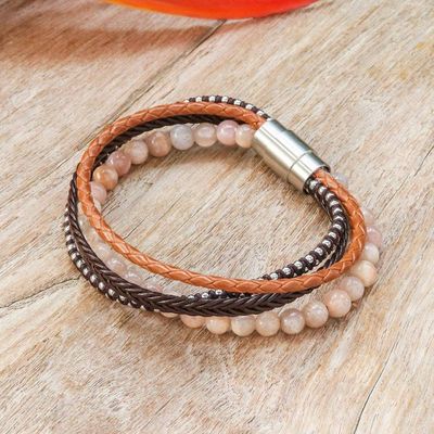 Alternate image for Handmade Leather and Moonstone Beaded Bracelet Peach Moon