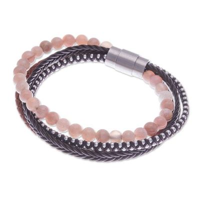 Alternate image for Handmade Leather and Moonstone Beaded Bracelet Peach Moon