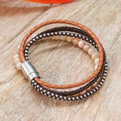 Alternate image for Handmade Leather and Moonstone Beaded Bracelet Peach Moon