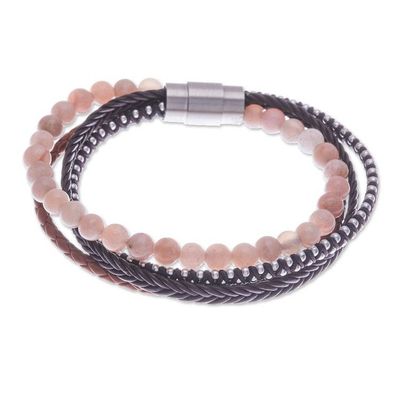 Alternate image for Handmade Leather and Moonstone Beaded Bracelet Peach Moon