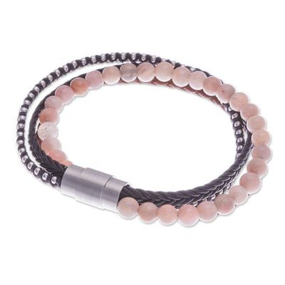 Alternate image for Handmade Leather and Moonstone Beaded Bracelet Peach Moon