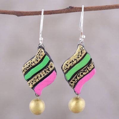 Alternate image for Handcrafted Pink and Green Ceramic Pennant Dangle Earrings Jubilant Pennant