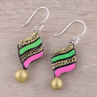 Alternate image for Handcrafted Pink and Green Ceramic Pennant Dangle Earrings Jubilant Pennant