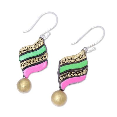 Alternate image for Handcrafted Pink and Green Ceramic Pennant Dangle Earrings Jubilant Pennant