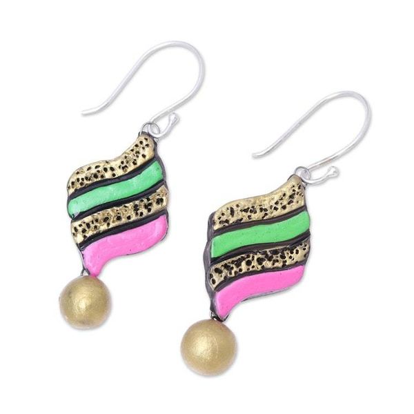 Alternate image for Handcrafted Pink and Green Ceramic Pennant Dangle Earrings Jubilant Pennant