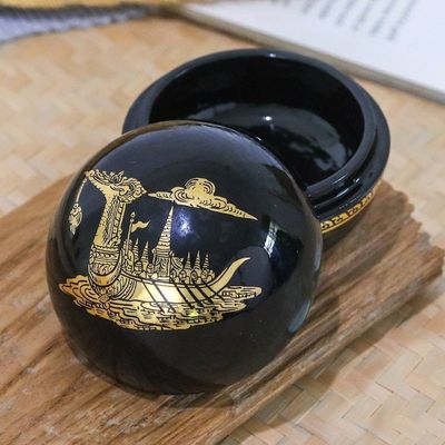 Alternate image for Lacquered Suphannahong-Themed Round Wood Decorative Box Thai Epic