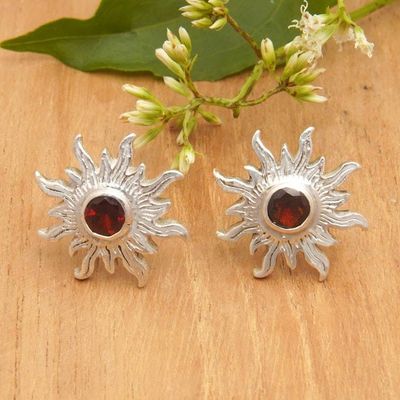 Alternate image for Sterling Silver Sun Button Earrings with Garnet Gems Crimson Sunlight