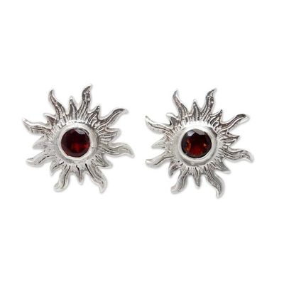 Alternate image for Sterling Silver Sun Button Earrings with Garnet Gems Crimson Sunlight
