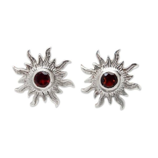 Alternate image for Sterling Silver Sun Button Earrings with Garnet Gems Crimson Sunlight