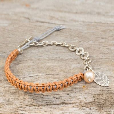 Alternate image for Hand Knotted Leather and Silver Bracelet with Cultured Pearl Tan Forest Peach