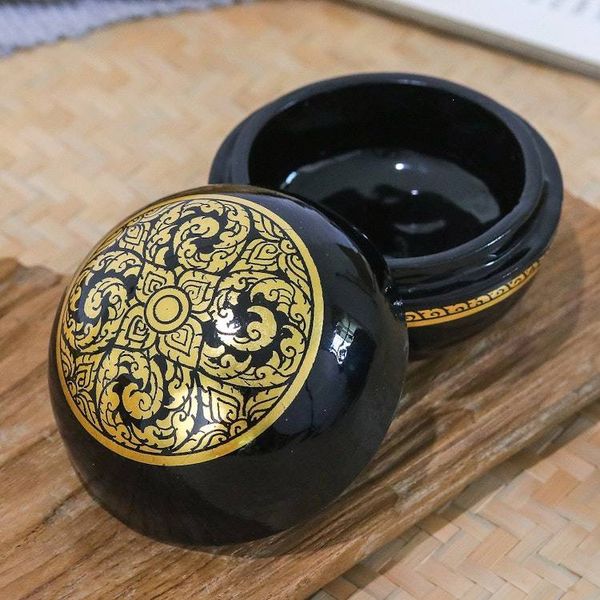 Alternate image for Lacquered Floral Patterned Round Mango Wood Decorative Box Thai Triumph