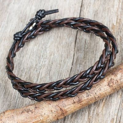 Alternate image for Hand Braided Silver Accent Brown and Black Leather Bracelet Shadow Paths