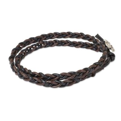 Alternate image for Hand Braided Silver Accent Brown and Black Leather Bracelet Shadow Paths