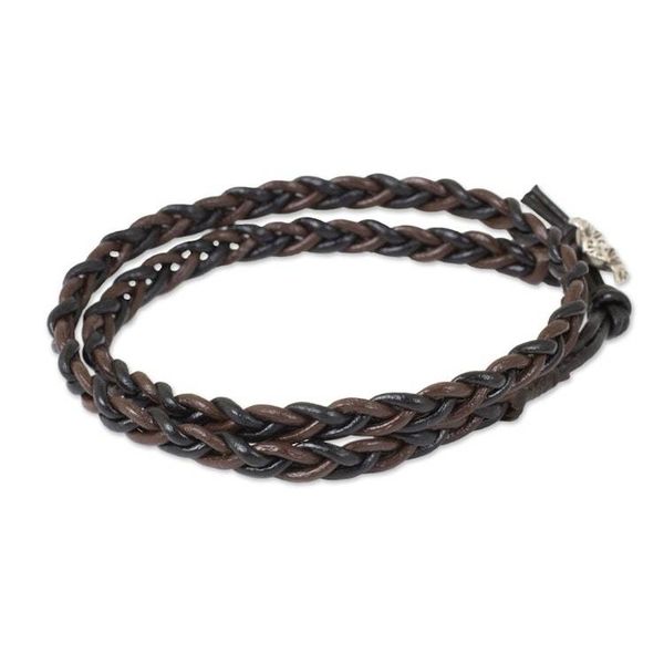 Alternate image for Hand Braided Silver Accent Brown and Black Leather Bracelet Shadow Paths