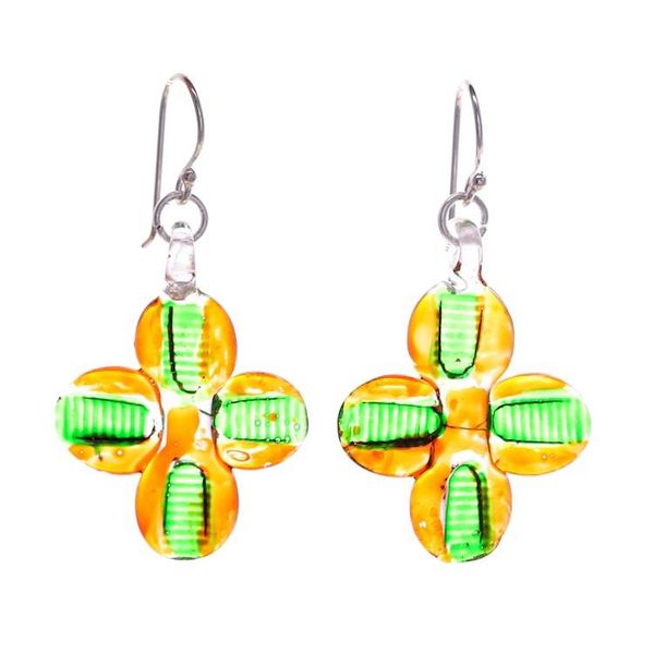 Alternate image for Orange and Green Handblown Glass Floral Dangle Earrings Exotic Blossoms