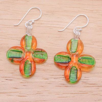 Alternate image for Orange and Green Handblown Glass Floral Dangle Earrings Exotic Blossoms