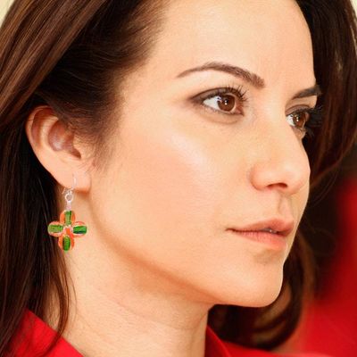 Alternate image for Orange and Green Handblown Glass Floral Dangle Earrings Exotic Blossoms